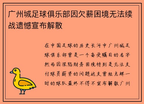 广州城足球俱乐部因欠薪困境无法续战遗憾宣布解散 广州城足球俱乐部因欠薪困境无法续战遗憾宣布解散